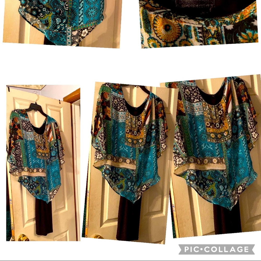 Beautiful dress w/ black strap lining & beautiful poncho covering  blues, greens